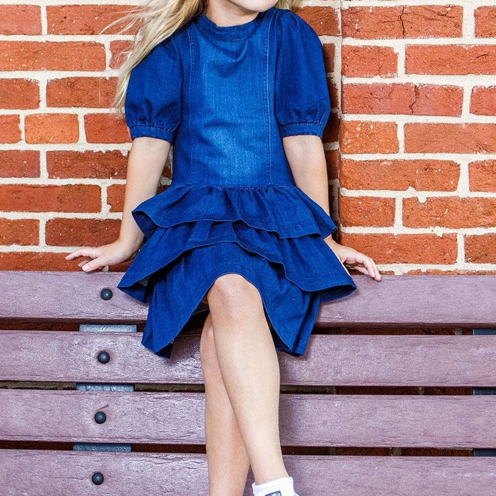 Habitual Blue Denim Kids Dress Riffled Flare Puff Sleeve Girls Size 14 Coquette